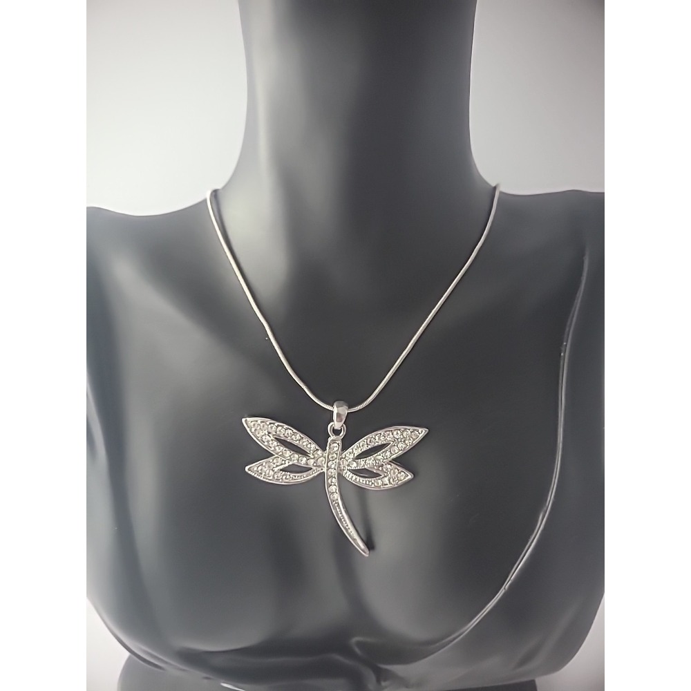 Vintage Necklace Chain Rope Dragonfly Pendant Silver Tone Crystals Jewelry